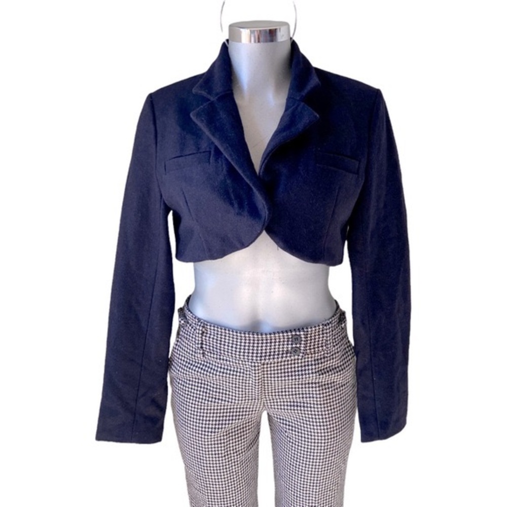 Y2K Wool Cropped Blazer Sports Jacket Navy Academia Preppy Old Money Size Large